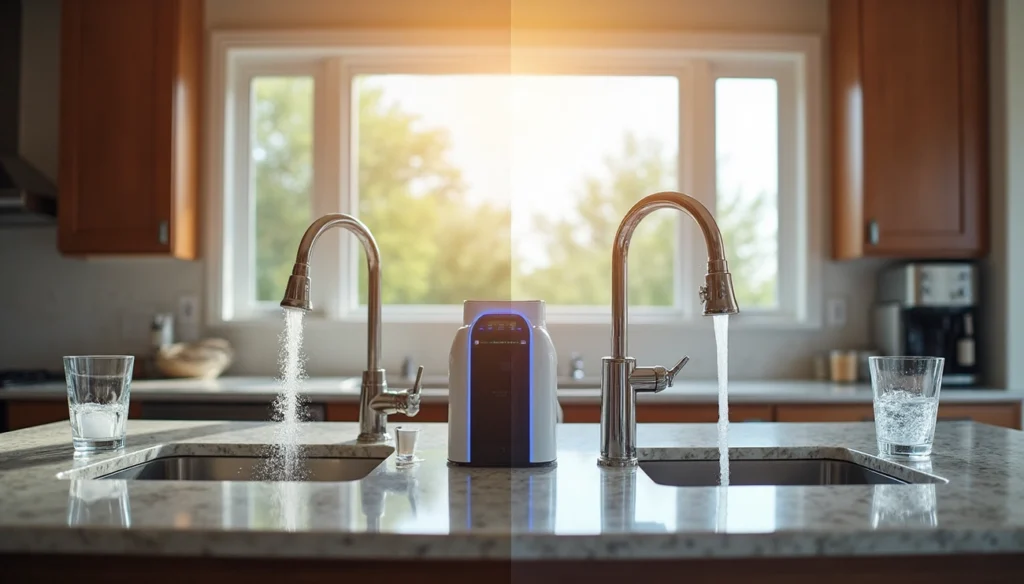 Modern kitchen sink with two running faucets and a water softener device on the marble countertop