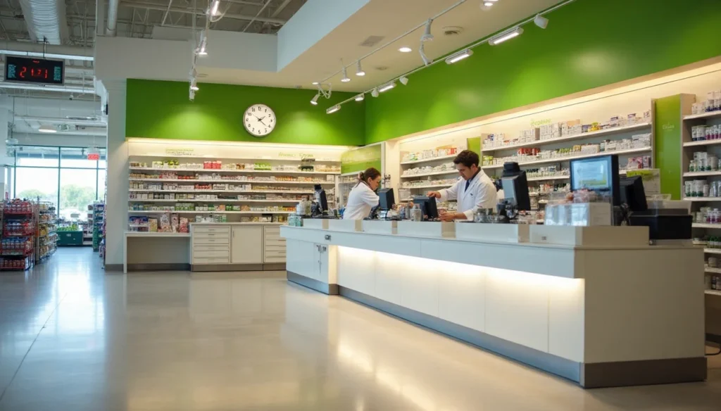 Inside a Publix pharmacy with two pharmacists behind the counter and shelves filled with medication and health products.
