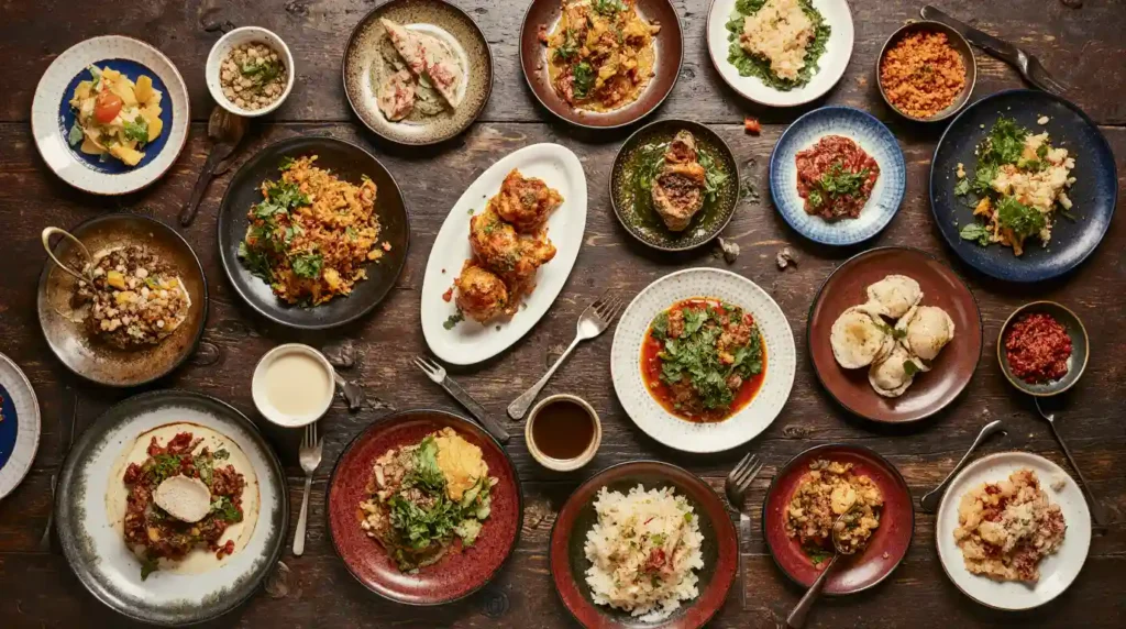 Assorted Chinese dishes including noodles, fried chicken, buns, and appetizers arranged on a round wooden table.