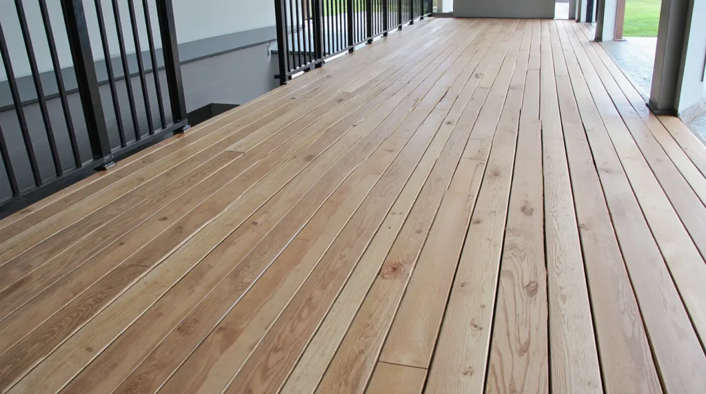 a wooden deck with metal railings