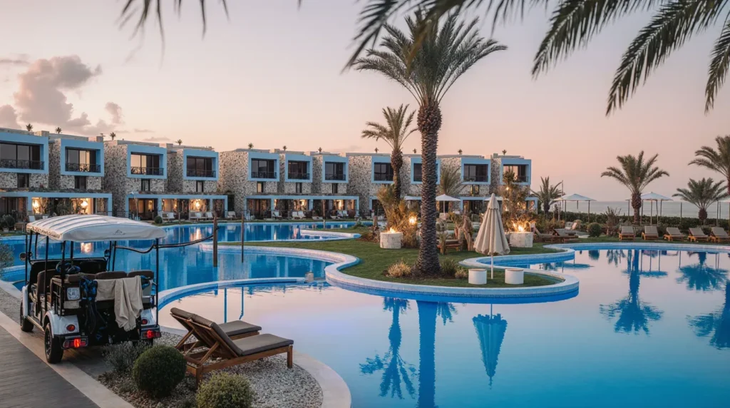 Anna Island Hotel – Beachfront Comfort & Island Stays 2025 4 a pool with palm trees and a building with a beach and a palm tree