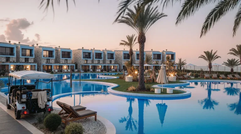 a pool with palm trees and a building with a beach and a palm tree